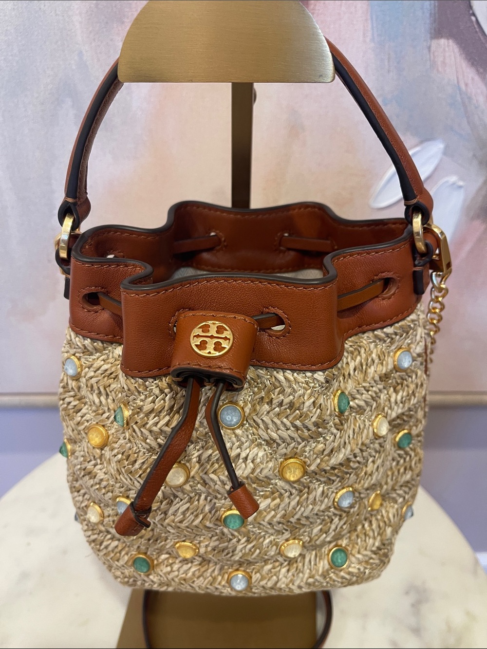 NWOT Tory Burch Brown Leather & Natural Straw Crossbody Bag with Jewels - Picture 2 of 8